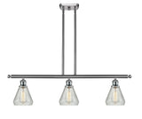 516-3I-SN-G275 3-Light 36" Brushed Satin Nickel Island Light - Clear Crackle Conesus Glass - LED Bulb - Dimmensions: 36 x 6 x 11<br>Minimum Height : 20.375<br>Maximum Height : 44.375 - Sloped Ceiling Compatible: Yes