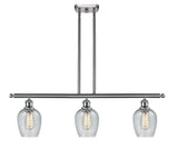 516-3I-SN-G292 3-Light 36" Brushed Satin Nickel Island Light - Clear Spiral Fluted Salina Glass - LED Bulb - Dimmensions: 36 x 5 x 10<br>Minimum Height : 19.375<br>Maximum Height : 43.375 - Sloped Ceiling Compatible: Yes