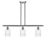 516-3I-SN-G342 3-Light 36" Brushed Satin Nickel Island Light - Clear Hadley Glass - LED Bulb - Dimmensions: 36 x 5 x 10<br>Minimum Height : 19.375<br>Maximum Height : 43.375 - Sloped Ceiling Compatible: Yes