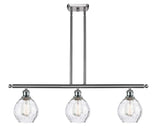 516-3I-SN-G362 3-Light 36" Brushed Satin Nickel Island Light - Clear Small Waverly Glass - LED Bulb - Dimmensions: 36 x 6 x 10<br>Minimum Height : 19.375<br>Maximum Height : 43.375 - Sloped Ceiling Compatible: Yes