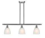 516-3I-SN-G381 3-Light 36" Brushed Satin Nickel Island Light - White Castile Glass - LED Bulb - Dimmensions: 36 x 6 x 10<br>Minimum Height : 19.375<br>Maximum Height : 43.375 - Sloped Ceiling Compatible: Yes