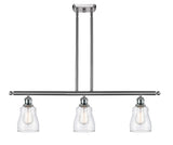 516-3I-SN-G392 3-Light 36" Brushed Satin Nickel Island Light - Clear Ellery Glass - LED Bulb - Dimmensions: 36 x 5 x 10<br>Minimum Height : 19.375<br>Maximum Height : 43.375 - Sloped Ceiling Compatible: Yes