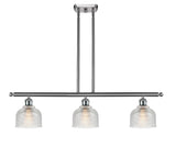516-3I-SN-G412 3-Light 36" Brushed Satin Nickel Island Light - Clear Dayton Glass - LED Bulb - Dimmensions: 36 x 5.5 x 9.5<br>Minimum Height : 19.375<br>Maximum Height : 43.375 - Sloped Ceiling Compatible: Yes