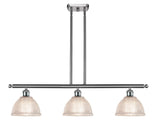 516-3I-SN-G422 3-Light 36" Brushed Satin Nickel Island Light - Clear Arietta Glass - LED Bulb - Dimmensions: 36 x 8 x 9<br>Minimum Height : 19.375<br>Maximum Height : 43.375 - Sloped Ceiling Compatible: Yes