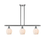 516-3I-SN-G461-6 3-Light 36" Brushed Satin Nickel Island Light - Cased Matte White Norfolk Glass - LED Bulb - Dimmensions: 36 x 5.75 x 10<br>Minimum Height : 20.375<br>Maximum Height : 44.375 - Sloped Ceiling Compatible: Yes