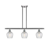 516-3I-SN-G462-6 3-Light 36" Brushed Satin Nickel Island Light - Clear Norfolk Glass - LED Bulb - Dimmensions: 36 x 5.75 x 10<br>Minimum Height : 20.375<br>Maximum Height : 44.375 - Sloped Ceiling Compatible: Yes