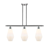 516-3I-SN-G651-7 3-Light 36" Brushed Satin Nickel Island Light - Cased Matte White Cindyrella 7" Glass - LED Bulb - Dimmensions: 36 x 7 x 14<br>Minimum Height : 23<br>Maximum Height : 47 - Sloped Ceiling Compatible: Yes