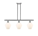 516-3I-SN-G651-8 3-Light 36" Brushed Satin Nickel Island Light - Cased Matte White Cindyrella 8" Glass - LED Bulb - Dimmensions: 36 x 8 x 10.5<br>Minimum Height : 19.5<br>Maximum Height : 43.5 - Sloped Ceiling Compatible: Yes