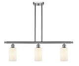 516-3I-SN-G801 3-Light 36" Brushed Satin Nickel Island Light - Matte White Clymer Glass - LED Bulb - Dimmensions: 36 x 3.875 x 12<br>Minimum Height : 21.375<br>Maximum Height : 45.375 - Sloped Ceiling Compatible: Yes