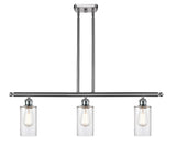 516-3I-SN-G802 3-Light 36" Brushed Satin Nickel Island Light - Clear Clymer Glass - LED Bulb - Dimmensions: 36 x 3.875 x 12<br>Minimum Height : 21.375<br>Maximum Height : 45.375 - Sloped Ceiling Compatible: Yes