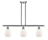 516-3I-SN-G81 3-Light 36" Brushed Satin Nickel Island Light - Matte White Eaton Glass - LED Bulb - Dimmensions: 36 x 5.5 x 11<br>Minimum Height : 20.375<br>Maximum Height : 44.375 - Sloped Ceiling Compatible: Yes