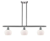 516-3I-SN-G91 3-Light 36" Brushed Satin Nickel Island Light - Matte White Fenton Glass - LED Bulb - Dimmensions: 36 x 6.5 x 9<br>Minimum Height : 17.875<br>Maximum Height : 41.875 - Sloped Ceiling Compatible: Yes