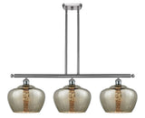 516-3I-SN-G96-L 3-Light 37.5" Brushed Satin Nickel Island Light - Large Mercury Fenton Glass - LED Bulb - Dimmensions: 37.5 x 11 x 12<br>Minimum Height : 21.125<br>Maximum Height : 45.125 - Sloped Ceiling Compatible: Yes
