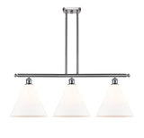 516-3I-SN-GBC-121 3-Light 38.5" Brushed Satin Nickel Island Light - Matte White Cased Ballston Cone Glass - LED Bulb - Dimmensions: 38.5 x 12 x 14.25<br>Minimum Height : 23.25<br>Maximum Height : 47.25 - Sloped Ceiling Compatible: Yes