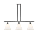 516-3I-SN-GBC-81 3-Light 36" Brushed Satin Nickel Island Light - Matte White Cased Ballston Cone Glass - LED Bulb - Dimmensions: 36 x 8 x 11.25<br>Minimum Height : 20.25<br>Maximum Height : 44.25 - Sloped Ceiling Compatible: Yes