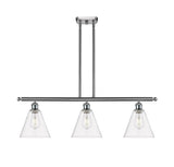 516-3I-SN-GBC-82 3-Light 36" Brushed Satin Nickel Island Light - Clear Ballston Cone Glass - LED Bulb - Dimmensions: 36 x 8 x 11.25<br>Minimum Height : 20.25<br>Maximum Height : 44.25 - Sloped Ceiling Compatible: Yes