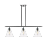 516-3I-SN-GBC-84 3-Light 36" Brushed Satin Nickel Island Light - Seedy Ballston Cone Glass - LED Bulb - Dimmensions: 36 x 8 x 11.25<br>Minimum Height : 20.25<br>Maximum Height : 44.25 - Sloped Ceiling Compatible: Yes