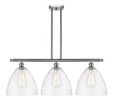 516-3I-SN-GBD-122 3-Light 38.5" Brushed Satin Nickel Island Light - Matte White Ballston Dome Glass - LED Bulb - Dimmensions: 38.5 x 12 x 14.25<br>Minimum Height : 23.25<br>Maximum Height : 47.25 - Sloped Ceiling Compatible: Yes