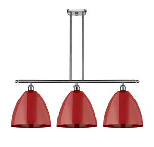 516-3I-SN-MBD-12-RD 3-Light 38.5" Brushed Satin Nickel Island Light - Red Plymouth Dome Shade - LED Bulb - Dimmensions: 38.5 x 10.125 x 14.25<br>Minimum Height : 23.25<br>Maximum Height : 47.25 - Sloped Ceiling Compatible: Yes