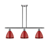 516-3I-SN-MBD-75-RD 3-Light 36" Brushed Satin Nickel Island Light - Red Plymouth Dome Shade - LED Bulb - Dimmensions: 36 x 7.5 x 10.75<br>Minimum Height : 19.75<br>Maximum Height : 43.75 - Sloped Ceiling Compatible: Yes