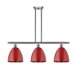 516-3I-SN-MBD-9-RD 3-Light 36" Brushed Satin Nickel Island Light - Red Plymouth Dome Shade - LED Bulb - Dimmensions: 36 x 9 x 12.375<br>Minimum Height : 21.375<br>Maximum Height : 45.375 - Sloped Ceiling Compatible: Yes