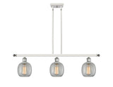 516-3I-WPC-G105 3-Light 36" White and Polished Chrome Island Light - Clear Crackle Belfast Glass - LED Bulb - Dimmensions: 36 x 6 x 10<br>Minimum Height : 19.375<br>Maximum Height : 43.375 - Sloped Ceiling Compatible: Yes