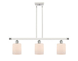 516-3I-WPC-G111 3-Light 36" White and Polished Chrome Island Light - Matte White Cobbleskill Glass - LED Bulb - Dimmensions: 36 x 5 x 10<br>Minimum Height : 19.375<br>Maximum Height : 43.375 - Sloped Ceiling Compatible: Yes
