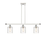 516-3I-WPC-G1113 3-Light 36" White and Polished Chrome Island Light - Deco Swirl Cobbleskill Glass - LED Bulb - Dimmensions: 36 x 5 x 10<br>Minimum Height : 19.375<br>Maximum Height : 43.375 - Sloped Ceiling Compatible: Yes