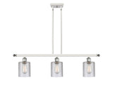 516-3I-WPC-G112 3-Light 36" White and Polished Chrome Island Light - Clear Cobbleskill Glass - LED Bulb - Dimmensions: 36 x 5 x 10<br>Minimum Height : 19.375<br>Maximum Height : 43.375 - Sloped Ceiling Compatible: Yes