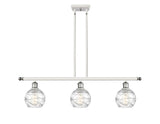 516-3I-WPC-G1213-6 3-Light 36" White and Polished Chrome Island Light - Clear Athens Deco Swirl 8" Glass - LED Bulb - Dimmensions: 36 x 7 x 9<br>Minimum Height : 20.375<br>Maximum Height : 44.375 - Sloped Ceiling Compatible: Yes