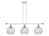 516-3I-WPC-G122-8 3-Light 36" White and Polished Chrome Island Light - Clear Athens Glass - LED Bulb - Dimmensions: 36 x 8 x 11<br>Minimum Height : 20.375<br>Maximum Height : 44.375 - Sloped Ceiling Compatible: Yes