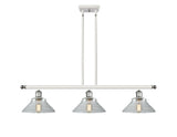516-3I-WPC-G132 3-Light 36" White and Polished Chrome Island Light - Clear Orwell Glass - LED Bulb - Dimmensions: 36 x 9 x 9<br>Minimum Height : 17.375<br>Maximum Height : 41.375 - Sloped Ceiling Compatible: Yes