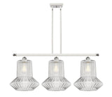 516-3I-WPC-G212 3-Light 36" White and Polished Chrome Island Light - Clear Spiral Fluted Springwater Glass - LED Bulb - Dimmensions: 36 x 12 x 16<br>Minimum Height : 25.375<br>Maximum Height : 49.375 - Sloped Ceiling Compatible: Yes