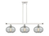 516-3I-WPC-G247 3-Light 36" White and Polished Chrome Island Light - Charcoal Gorham Glass - LED Bulb - Dimmensions: 36 x 9.5 x 10<br>Minimum Height : 20.375<br>Maximum Height : 44.375 - Sloped Ceiling Compatible: Yes