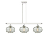 516-3I-WPC-G249 3-Light 36" White and Polished Chrome Island Light - Mica Gorham Glass - LED Bulb - Dimmensions: 36 x 9.5 x 10<br>Minimum Height : 20.375<br>Maximum Height : 44.375 - Sloped Ceiling Compatible: Yes