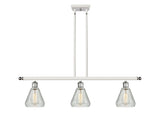 516-3I-WPC-G275 3-Light 36" White and Polished Chrome Island Light - Clear Crackle Conesus Glass - LED Bulb - Dimmensions: 36 x 6 x 11<br>Minimum Height : 20.375<br>Maximum Height : 44.375 - Sloped Ceiling Compatible: Yes