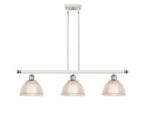 516-3I-WPC-G422 3-Light 36" White and Polished Chrome Island Light - Clear Arietta Glass - LED Bulb - Dimmensions: 36 x 8 x 9<br>Minimum Height : 19.375<br>Maximum Height : 43.375 - Sloped Ceiling Compatible: Yes