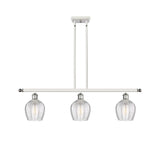 516-3I-WPC-G462-6 3-Light 36" White and Polished Chrome Island Light - Clear Norfolk Glass - LED Bulb - Dimmensions: 36 x 5.75 x 10<br>Minimum Height : 20.375<br>Maximum Height : 44.375 - Sloped Ceiling Compatible: Yes