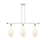 516-3I-WPC-G651-7 3-Light 36" White and Polished Chrome Island Light - Cased Matte White Cindyrella 7" Glass - LED Bulb - Dimmensions: 36 x 7 x 14<br>Minimum Height : 23<br>Maximum Height : 47 - Sloped Ceiling Compatible: Yes