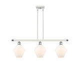 516-3I-WPC-G651-8 3-Light 36" White and Polished Chrome Island Light - Cased Matte White Cindyrella 8" Glass - LED Bulb - Dimmensions: 36 x 8 x 10.5<br>Minimum Height : 19.5<br>Maximum Height : 43.5 - Sloped Ceiling Compatible: Yes