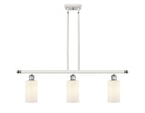 516-3I-WPC-G801 3-Light 36" White and Polished Chrome Island Light - Matte White Clymer Glass - LED Bulb - Dimmensions: 36 x 3.875 x 12<br>Minimum Height : 21.375<br>Maximum Height : 45.375 - Sloped Ceiling Compatible: Yes