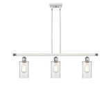 516-3I-WPC-G802 3-Light 36" White and Polished Chrome Island Light - Clear Clymer Glass - LED Bulb - Dimmensions: 36 x 3.875 x 12<br>Minimum Height : 21.375<br>Maximum Height : 45.375 - Sloped Ceiling Compatible: Yes