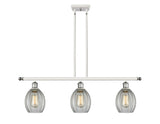 516-3I-WPC-G82 3-Light 36" White and Polished Chrome Island Light - Clear Eaton Glass - LED Bulb - Dimmensions: 36 x 5.5 x 11<br>Minimum Height : 20.375<br>Maximum Height : 44.375 - Sloped Ceiling Compatible: Yes