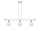 516-3I-WPC-G91 3-Light 36" White and Polished Chrome Island Light - Matte White Fenton Glass - LED Bulb - Dimmensions: 36 x 6.5 x 9<br>Minimum Height : 17.875<br>Maximum Height : 41.875 - Sloped Ceiling Compatible: Yes