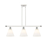 516-3I-WPC-GBC-81 3-Light 36" White and Polished Chrome Island Light - Matte White Cased Ballston Cone Glass - LED Bulb - Dimmensions: 36 x 8 x 11.25<br>Minimum Height : 20.25<br>Maximum Height : 44.25 - Sloped Ceiling Compatible: Yes