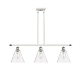 516-3I-WPC-GBC-82 3-Light 36" White and Polished Chrome Island Light - Clear Ballston Cone Glass - LED Bulb - Dimmensions: 36 x 8 x 11.25<br>Minimum Height : 20.25<br>Maximum Height : 44.25 - Sloped Ceiling Compatible: Yes