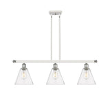 516-3I-WPC-GBC-84 3-Light 36" White and Polished Chrome Island Light - Seedy Ballston Cone Glass - LED Bulb - Dimmensions: 36 x 8 x 11.25<br>Minimum Height : 20.25<br>Maximum Height : 44.25 - Sloped Ceiling Compatible: Yes