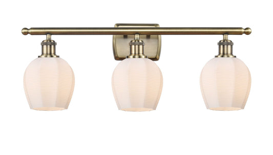 3-Light 25.75" Antique Brass Bath Vanity Light - Cased Matte White Norfolk Glass LED