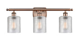 516-3W-AC-G112 3-Light 26" Antique Copper Bath Vanity Light - Clear Cobbleskill Glass - LED Bulb - Dimmensions: 26 x 6.5 x 9.5 - Glass Up or Down: Yes