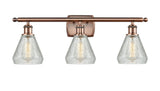 516-3W-AC-G275 3-Light 26" Antique Copper Bath Vanity Light - Clear Crackle Conesus Glass - LED Bulb - Dimmensions: 26 x 7 x 12 - Glass Up or Down: Yes